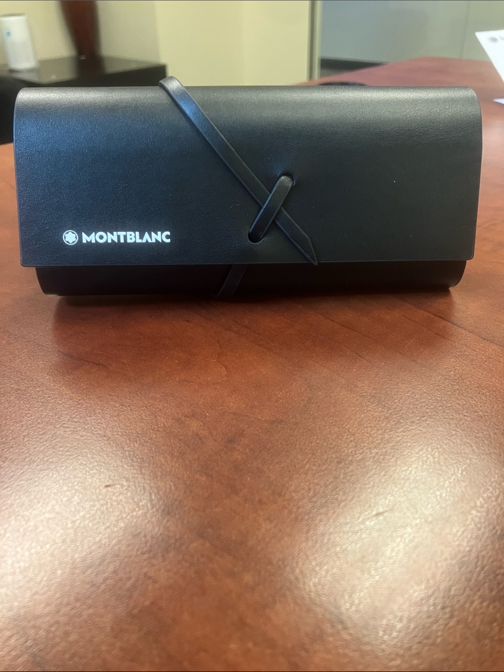 NWOT Montblanc Black Leather Glass Case with Wrap Around Tie Closure